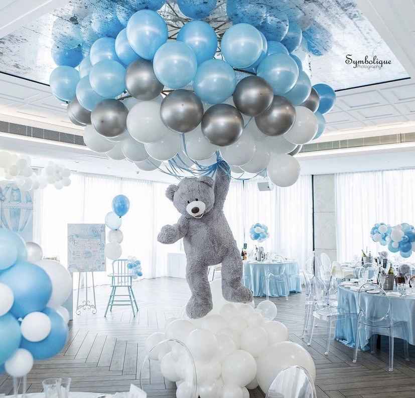 blue balloons and big bear