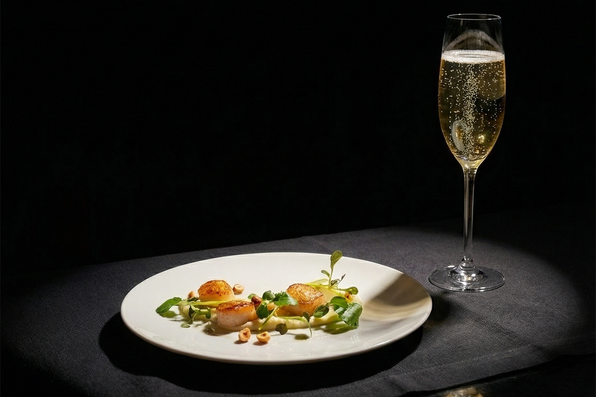 the Art of Hospitality: Plated dish of feed with champagne