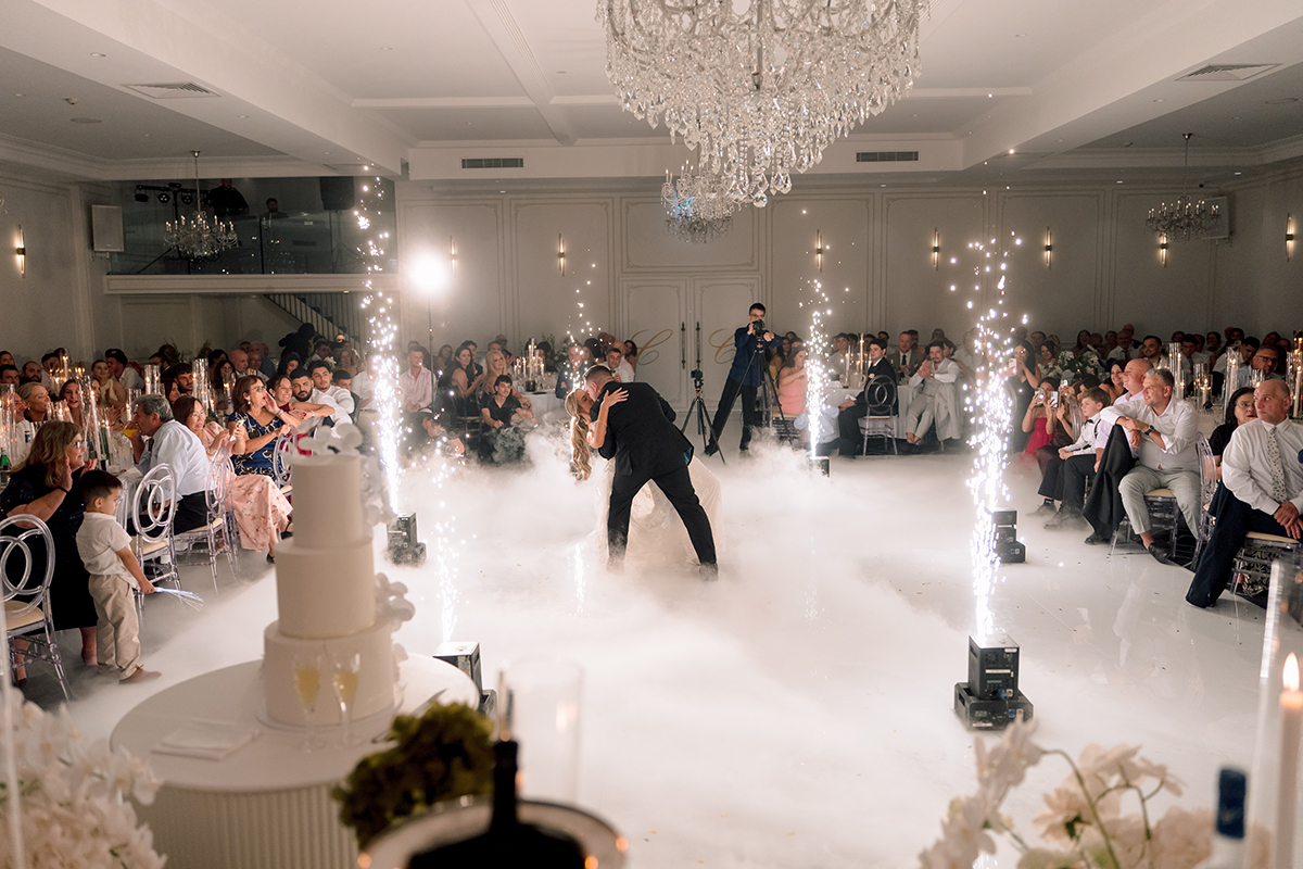 Bride and Groom Dancing in Classic Ballroom at Conca D'oro with fireworks