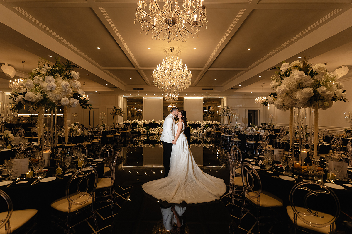 Bride and Groom in Classic Ballroom at Conca D'oro 