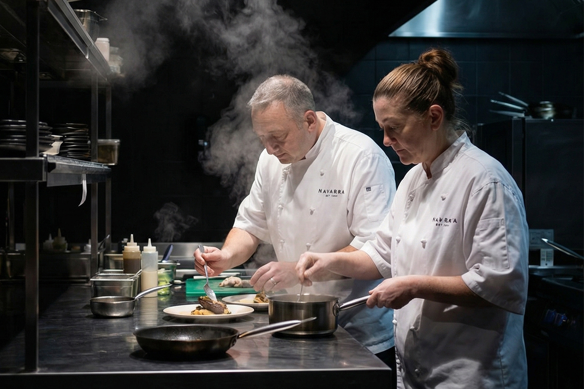 Chefs Lorenzo and Vanessa Martin in kitchen at Conca D'oro
